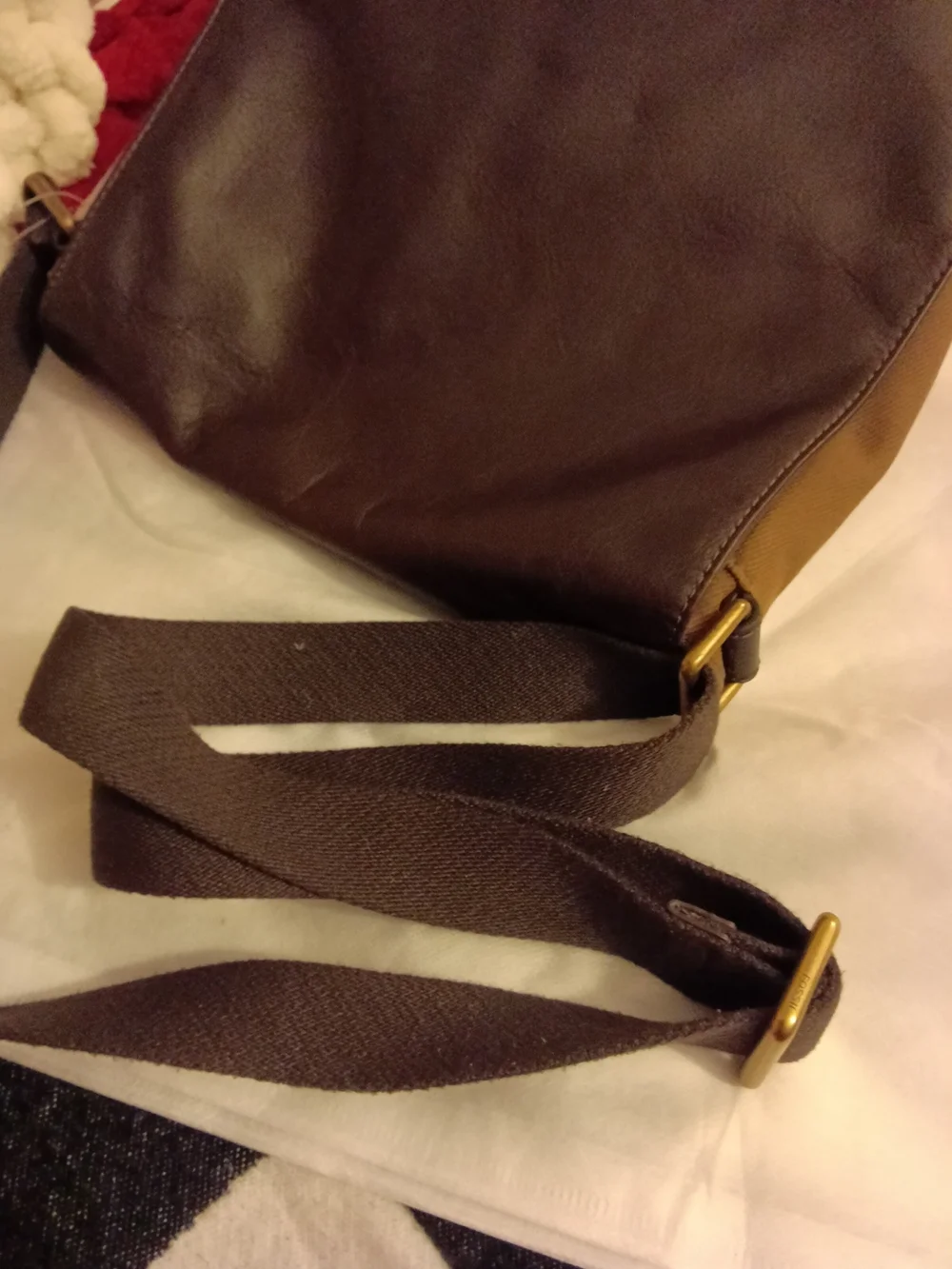 #F11 Fossil Men's Two-Tone Brown Leather Canvas Messenger Bag - Unisex
